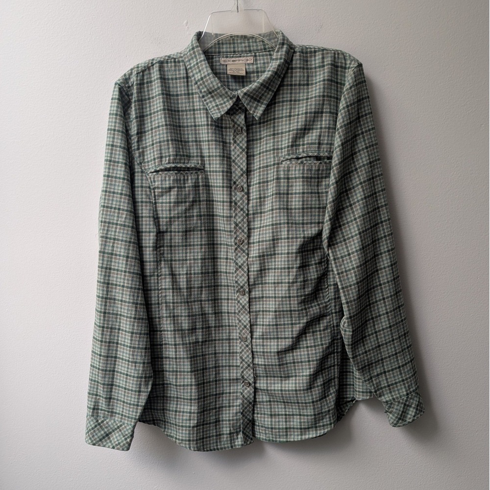 ExOfficio Button Down Shirt Green Plaid Long Sleeve Outdoor XL Gorpcore Hiking
